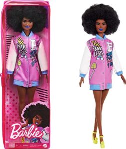 barbie fashionistas doll #156 with brunette afro & blue lips wearing graphic coat dress & yellow shoes, toy for kids 3 to 8 years old