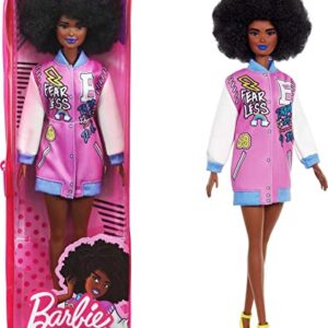 Barbie Fashionistas Doll #156 with Brunette Afro & Blue Lips Wearing Graphic Coat Dress & Yellow Shoes, Toy for Kids 3 to 8 Years Old