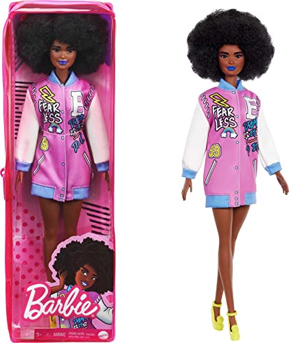 Barbie Fashionistas Doll #156 with Brunette Afro & Blue Lips Wearing Graphic Coat Dress & Yellow Shoes, Toy for Kids 3 to 8 Years Old