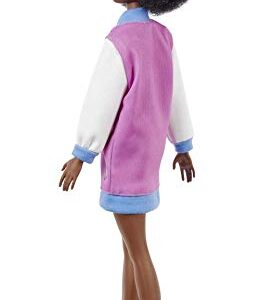 Barbie Fashionistas Doll #156 with Brunette Afro & Blue Lips Wearing Graphic Coat Dress & Yellow Shoes, Toy for Kids 3 to 8 Years Old