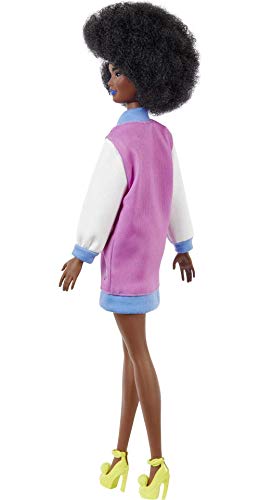 Barbie Fashionistas Doll #156 with Brunette Afro & Blue Lips Wearing Graphic Coat Dress & Yellow Shoes, Toy for Kids 3 to 8 Years Old