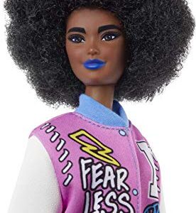 Barbie Fashionistas Doll #156 with Brunette Afro & Blue Lips Wearing Graphic Coat Dress & Yellow Shoes, Toy for Kids 3 to 8 Years Old