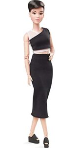 barbie signature barbie looks doll (petite, brunette pixie cut) fully posable fashion doll wearing black midi skirt and top, gift for collectors