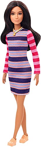 Barbie Fashionistas Doll #147 with Long Brunette Hair Wearing Striped Dress, Orange Shoes & Necklace, Toy for Kids 3 to 8 Years Old