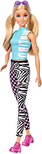 Barbie Fashionistas Doll #158, Long Blonde Pigtails Wearing Teal Sport Top, Patterned Leggings, Pink Sneakers & Sunglasses, Toy for Kids 3 to 8 Years Old