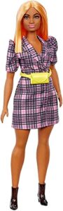 barbie fashionistas doll #161, curvy with orange hair wearing pink plaid dress, black boots & yellow fanny pack, toy for kids 3 to 8 years old