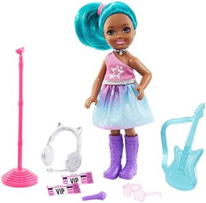 barbie chelsea can be playset with brunette chelsea rockstar doll (6-in), guitar, microphone, headphones, 2 vip tickets, star-shaped glasses, great gift for ages 3 years old & up