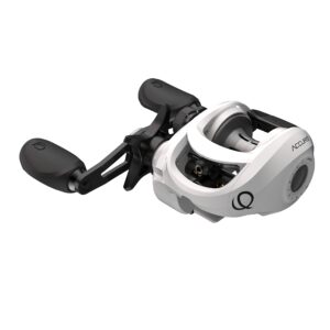 quantum accurist baitcast fishing reel, size 100 reel, right-hand retrieve, oversized non-slip handle knobs and continuous anti-reverse clutch, one-piece aluminum frame, 7.0:1 gear ratio, white