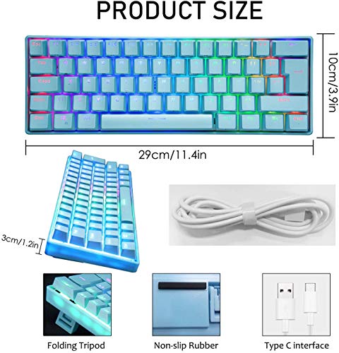 ZIYOU LANG MK21 Portable 60% Mechanical Gaming Keyboard Untra-Compact Type-c Wired with Light Up Chroma LED Backlit Non-Conflict 61 Key TKL Ergonomic for PS4 PS5 PC Mac Windows(Blue/Blue Switch)