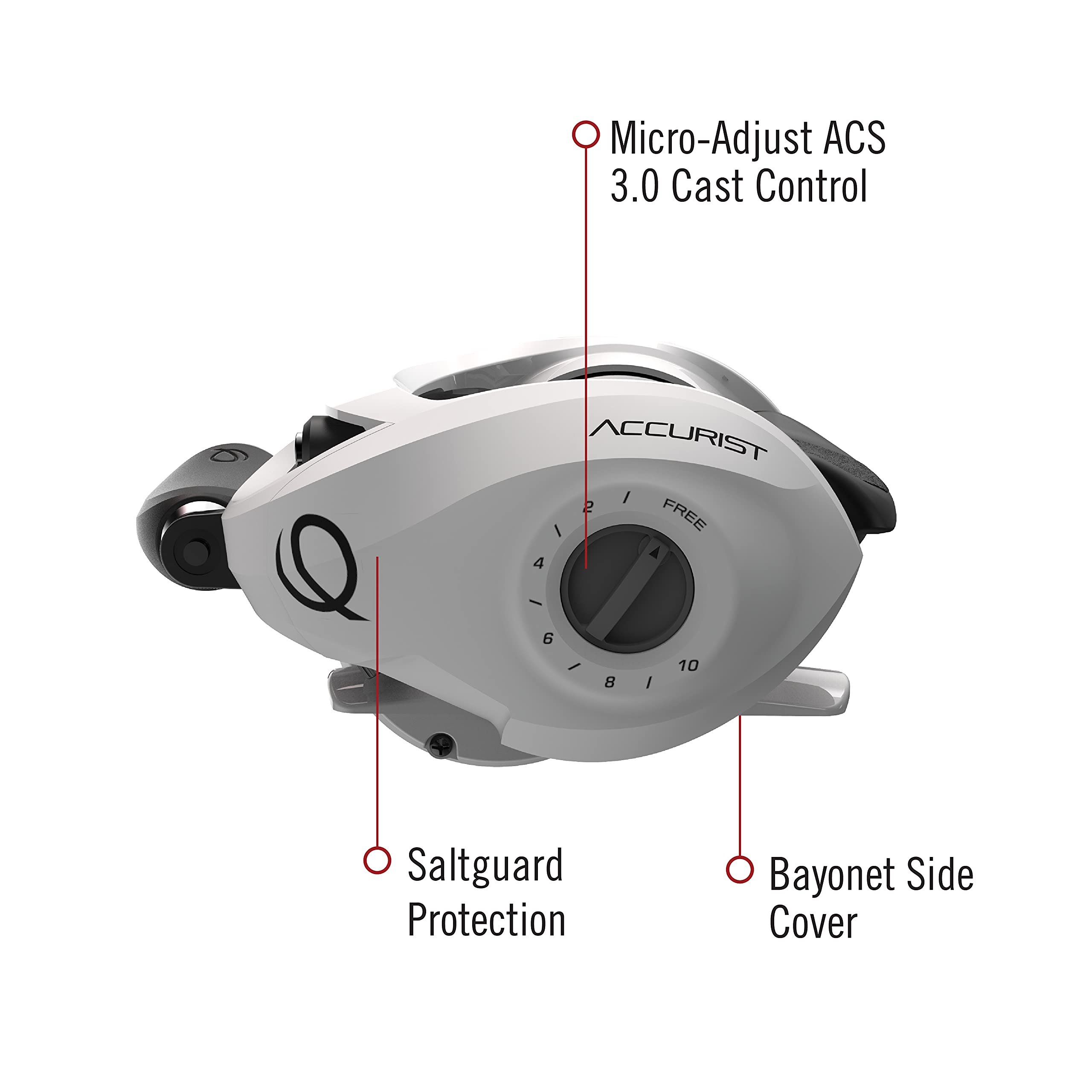 Quantum Accurist Baitcast Fishing Reel, Size 100 Reel, Right-Hand Retrieve, Oversized Non-Slip Handle Knobs and Continuous Anti-Reverse Clutch, One-Piece Aluminum Frame, 7.0:1 Gear Ratio, White