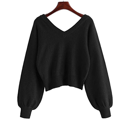 ZAFUL Women's Raglan Long Sleeve Double Side V Neck Short Sweater Casual Solid Cropped Knit Top Pullovers Black