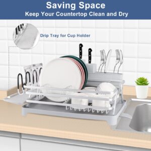 [Upgraded] Aluminum Dish Drying Rack, ROTTOGOON Rustproof Dish Rack and Drainboard Set with Drainage, Utensil Holder, Cup Holder, Compact Dish Drainer for Kitchen Counter, 16.9"L x 12.2"W, Light Gray