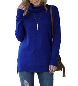 hwokefeiyu womens turtleneck sweaters long sleeve side split pullover loose knit jumper(royal blue,x-large)