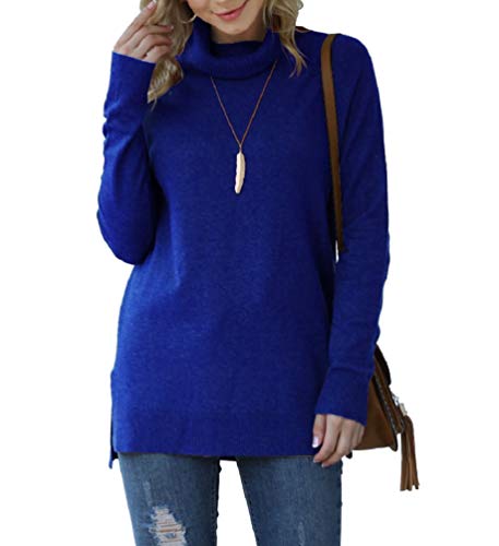 HWOKEFEIYU Womens Turtleneck Sweaters Long Sleeve Side Split Pullover Loose Knit Jumper(Royal Blue,X-Large)