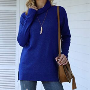 HWOKEFEIYU Womens Turtleneck Sweaters Long Sleeve Side Split Pullover Loose Knit Jumper(Royal Blue,X-Large)