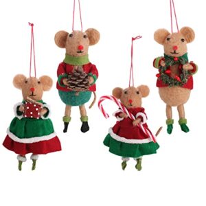 christmas decorations 4 pieces felted wool mice christmas tree ornaments, handcarft felt cute mouse christmas decor - vintage wool animal blue red xmas ornament for indoor window (mouse)