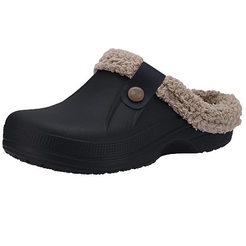 Beslip Classic Fur Lined Clogs Waterproof Winter Fuzzy Slippers for Women Men Indoor and Outdoor Indoor and Outdoor, Black and Khaki Women Size 8.5-9