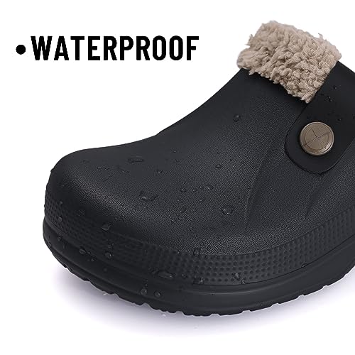 Beslip Classic Fur Lined Clogs Waterproof Winter Fuzzy Slippers for Women Men Indoor and Outdoor Indoor and Outdoor, Black and Khaki Women Size 8.5-9