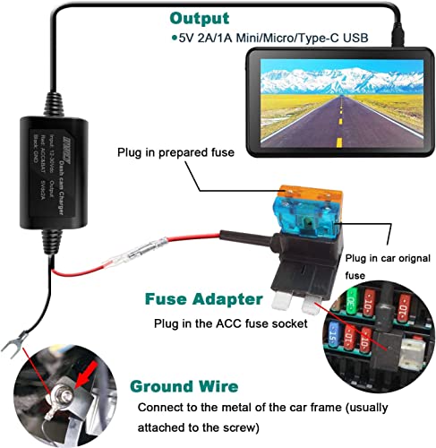 Type C Port Dash Cam Hardwire Kit iiwey 13ft 12V 24V to 5V Mini Hard Wire Kit Fuse for Dashcam, Micro Car Dash Camera Charger Power Cord with LP/Mini/ATO/Micro2 Fuse for Dash Cam, GPS Navigator