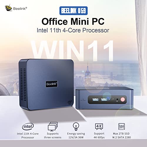 Beelink U59 Mini PC 11th Gen 4-Cores N5105, Office Mini Computer 16GB DDR4 500G SSD, Dual Display 4K UHD 60Hz Dual LAN/WiFi5/BT4.0/Auto Power On/WOL/PXE/Openwrt/VESA Home/Office