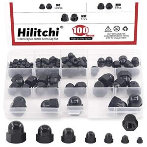 hilitchi 7sizes 100pcs black nylon acorn nut metric inner threaded cap nuts assortment kit m3 4 5 6 8 10 12 dome nuts