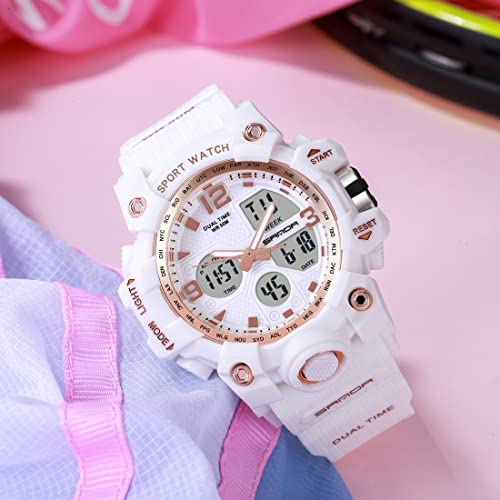 WISHFAN Women’s Digital Sports Watch, Dual-Display Waterproof Wrist Watch with Alarm and Stopwatch (White)