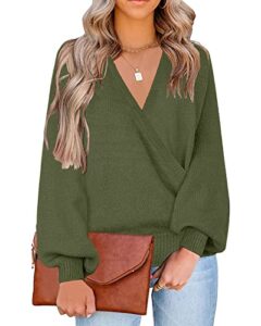 lookbookstore fall cute sweater for woman 2023 winter knit sweaters trendy tops army green long sleeve faux wrap surplice v neck wrap sweater for women pullover sweater tunic top size m size 8 10