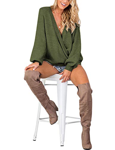 LookbookStore Fall Cute Sweater for Woman 2023 Winter Knit Sweaters Trendy Tops Army Green Long Sleeve Faux Wrap Surplice V Neck Wrap Sweater for Women Pullover Sweater Tunic Top Size M Size 8 10