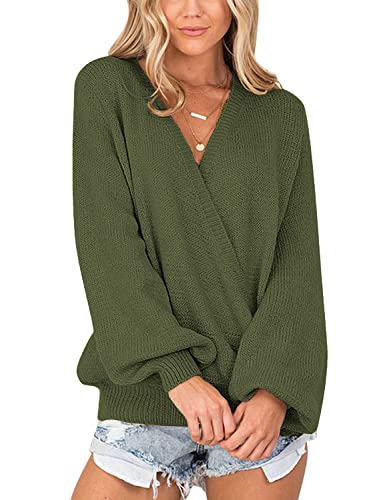 LookbookStore Fall Cute Sweater for Woman 2023 Winter Knit Sweaters Trendy Tops Army Green Long Sleeve Faux Wrap Surplice V Neck Wrap Sweater for Women Pullover Sweater Tunic Top Size M Size 8 10