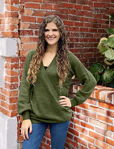 LookbookStore Fall Cute Sweater for Woman 2023 Winter Knit Sweaters Trendy Tops Army Green Long Sleeve Faux Wrap Surplice V Neck Wrap Sweater for Women Pullover Sweater Tunic Top Size M Size 8 10