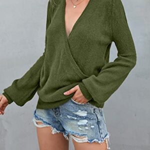 LookbookStore Fall Cute Sweater for Woman 2023 Winter Knit Sweaters Trendy Tops Army Green Long Sleeve Faux Wrap Surplice V Neck Wrap Sweater for Women Pullover Sweater Tunic Top Size M Size 8 10