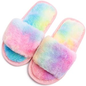 techcity boys girls fuzzy house slippers cute comfy faux fur slip on fluffy plush open toe home slides for kids indoor outdoor warm shoes (rainbow, numeric_13_point_5)