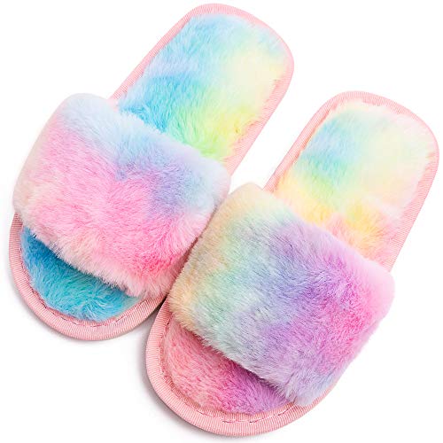 techcity Boys Girls Fuzzy House Slippers Cute Comfy Faux Fur Slip On Fluffy Plush Open Toe Home Slides for Kids Indoor Outdoor Warm Shoes (Rainbow, numeric_13_point_5)