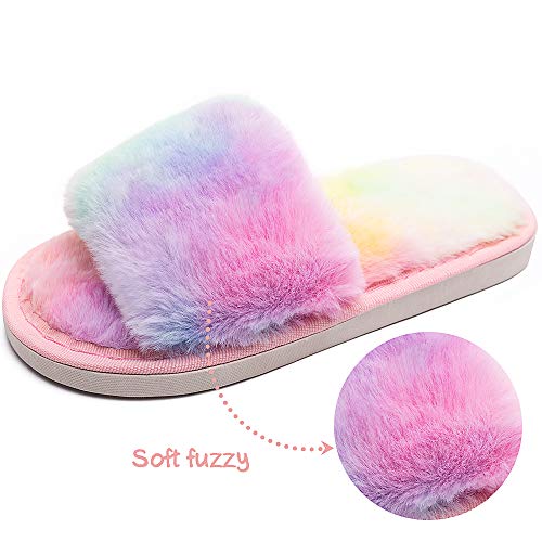 techcity Boys Girls Fuzzy House Slippers Cute Comfy Faux Fur Slip On Fluffy Plush Open Toe Home Slides for Kids Indoor Outdoor Warm Shoes (Rainbow, numeric_13_point_5)