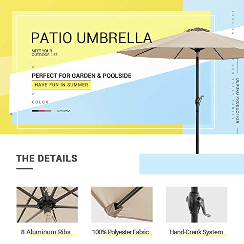 Devoko 9 FT Patio Umbrella Outdoor Table Market Umbrella with Easy Push Button Tilt for Garden, Deck, Backyard and Pool (Beige)