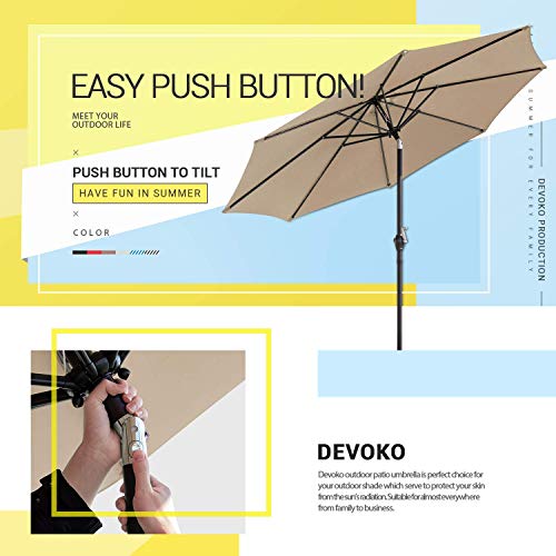 Devoko 9 FT Patio Umbrella Outdoor Table Market Umbrella with Easy Push Button Tilt for Garden, Deck, Backyard and Pool (Beige)