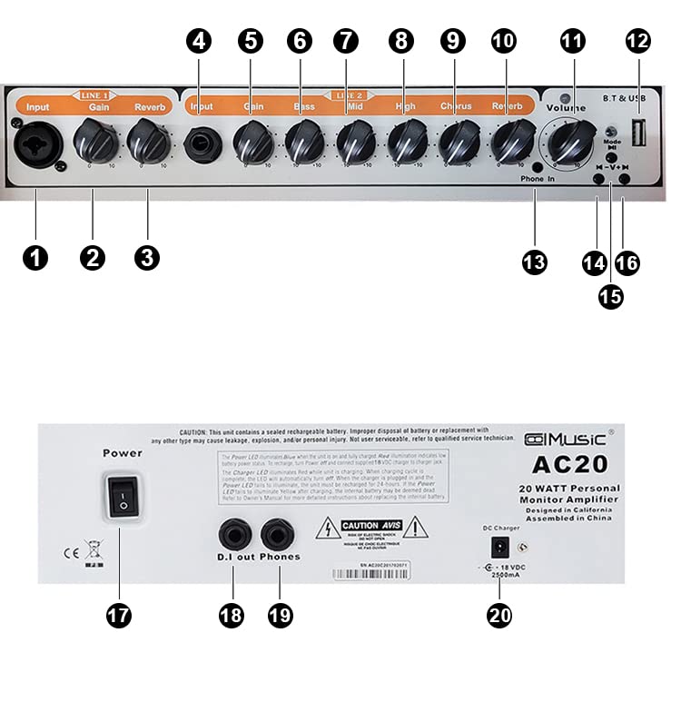 Acoustic Guitar Amplifier, 20 Watt Bluetooth Amp for Guitar Acoustic with Reverb Chorus Effect, 3 Band EQ（Including Microphone and Audio Cable）