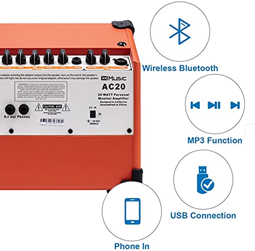 Acoustic Guitar Amplifier, 20 Watt Bluetooth Amp for Guitar Acoustic with Reverb Chorus Effect, 3 Band EQ（Including Microphone and Audio Cable）