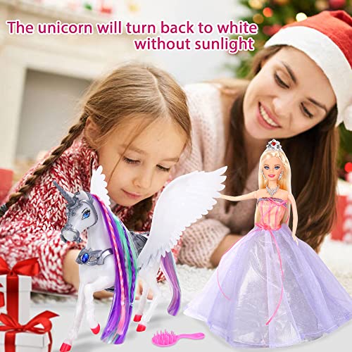 BETTINA Color Changing Unicorn & Princess Doll, Color Change on Whole Unicorn Under Sunshine, 11.5'' Princess Doll Toy, Unicorn Toys Gifts with Removable Saddle&Wings