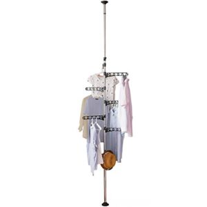 hershii adjustable laundry pole corner clothes garment drying rack hat hanger coat tree floor to ceiling tension shelf storage organizer with 5 arms and 1 hook - grey