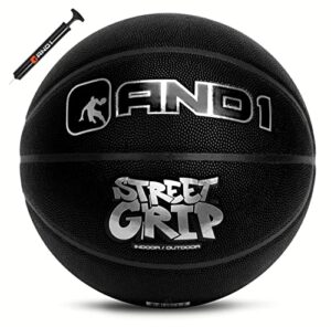 and1 street grip premium composite leather basketball & pump- official size 7 (29.5”) streetball, made for indoor and outdoor basketball games (black)