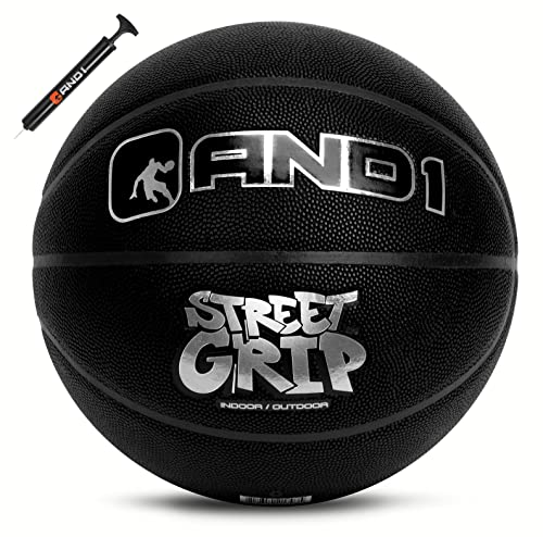 AND1 Street Grip Premium Composite Leather Basketball & Pump- Official Size 7 (29.5”) Streetball, Made for Indoor and Outdoor Basketball Games (Black)