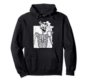 halloween coffee drinking skeleton skull pullover hoodie