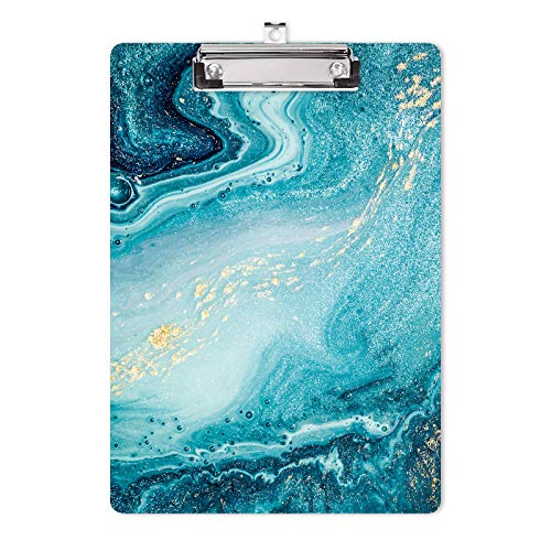 Hongri Clipboard, Fashion Design Letter Size Wooden Clipboards for Students, Women, Man and Kids, Cute Custom Pattern, A4 Standard Size 9" x 12.5" with Low Profile Metal Clip, Teal Marble