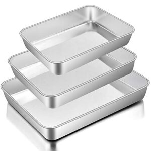 baking pans set of 3, e-far stainless steel sheet cake pan for oven - 12.5/10.5/9.4inch, rectangle bakeware set for cake lasagna brownie casserole cookie, non-toxic & healthy, dishwasher safe
