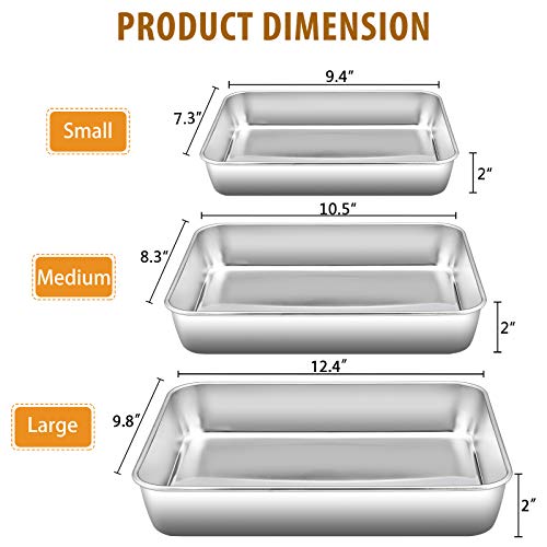 Baking Pans Set of 3, E-far Stainless Steel Sheet Cake Pan for Oven - 12.5/10.5/9.4Inch, Rectangle Bakeware Set for Cake Lasagna Brownie Casserole Cookie, Non-toxic & Healthy, Dishwasher Safe