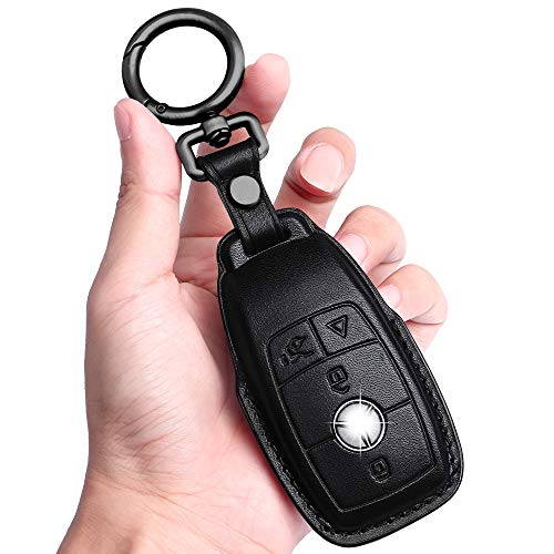 Tukellen for Mercedes Benz key fob cover Genuine Leather with keychain,Leather Protector Key case compatible Mercedes Benz 2017-2021 E-Class 2018-2021 S-Class 2019-2021 A-Class C-Class G-Class-Black