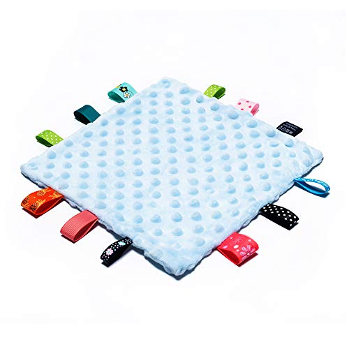 HECCEI Baby Tags Security Blankets - Baby Soothing Plush Blanket with Colorful Tags, Square Sensory Toys, 10 x 10 inches, for 3-12 Months Babies(Blue)