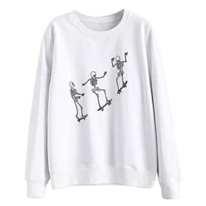 zaful women's halloween skeleton print long sleeve pullover sweatshirt hoodie tops (1-white, l)
