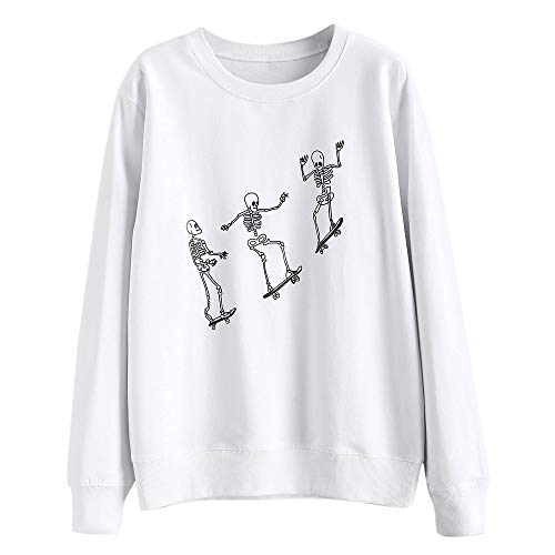 ZAFUL Women's Halloween Skeleton Print Long Sleeve Pullover Sweatshirt Hoodie Tops (1-White, L)